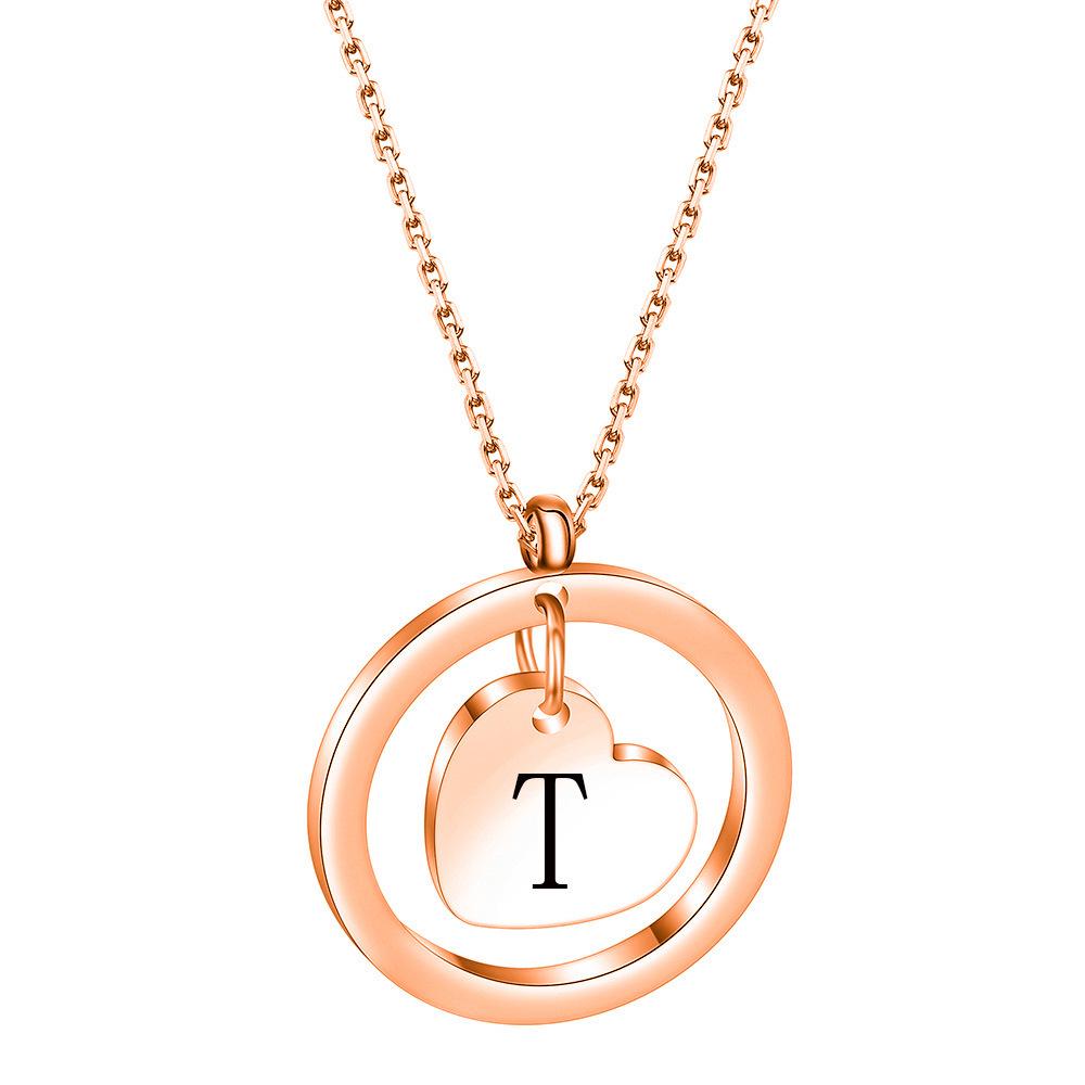 European & American Personalized Geometric Rose Gold Heart Necklace with 26 Initial Letters.