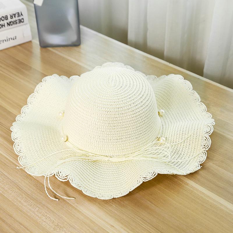 1Pc Women'S Khaki Wave Beach Sun Hat With Faux Pearl & Bowknot Detail, Elegant Beach Travel Vacation Sun Hat For Vocation,Party