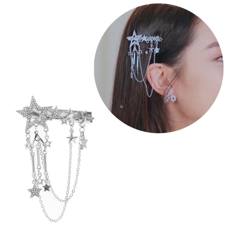 Punk Hair Clip for Women Girl Vintage Crystal Star Tassel Hairpins Harajuku Y2K Fashion Headwear Hair Jewelry Accessory
