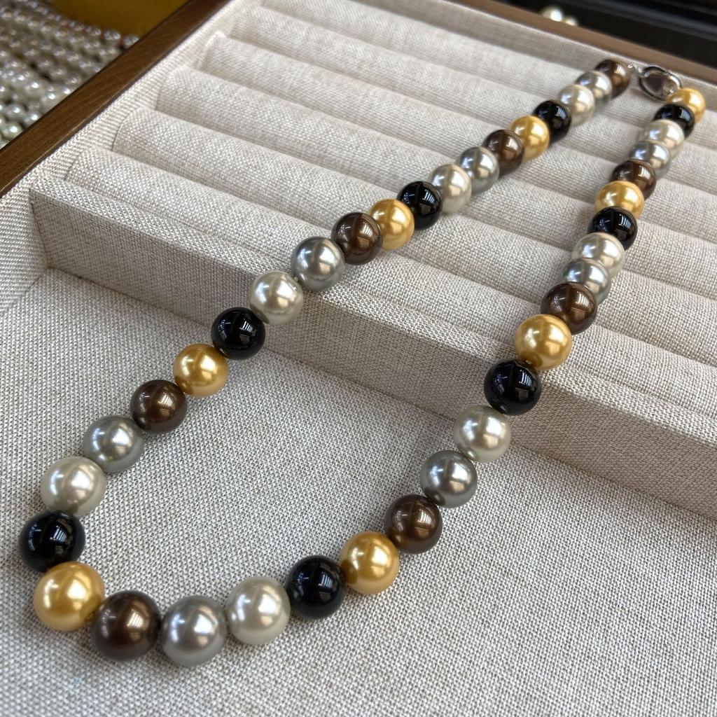 Ni Ni'S Same Bead 10Mm Five-Color Necklace, Black And White Gold And Silver Fashionable Versatile Beaded Collarbone Chain, Neck Chain.