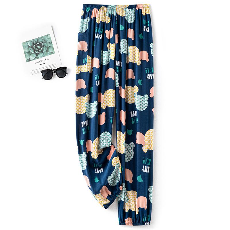 Pantaloni de pijama din bumbac mătase pentru femei, secțiune subțire de vară, anti-țânțari, pantaloni cu picior lat, culoare uni, pentru exterior, casă, petrecere a timpului liber, imprimeu, pantaloni de plajă până la genunchi