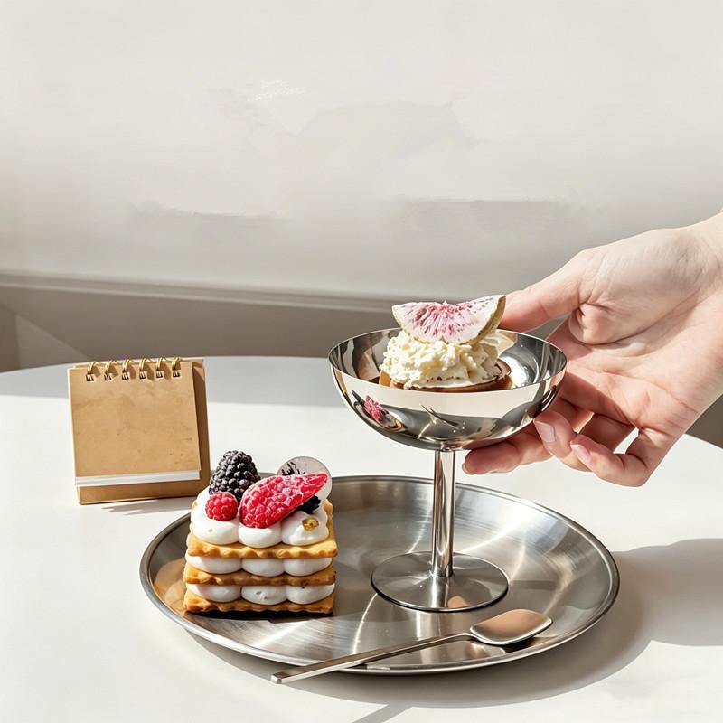 *New.Ice Cream Footed Bowls Stainless Steel Reusable Dessert Cups Set For Sundae Fruit Snack Party Dessert Bowl Round Yogurt Cup