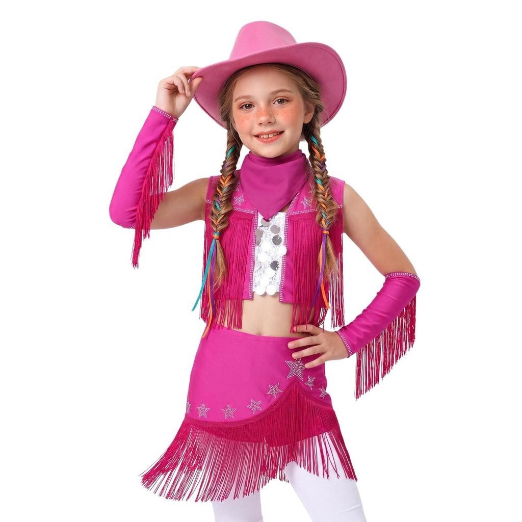 Costume da Cowgirl per Bambine Senza Maniche con Paillettes Strass Frange, Gonna Elastica, Guanti, Cappello, Fazzoletto, Danza Latina, Esibizione sul Palco, Competizione