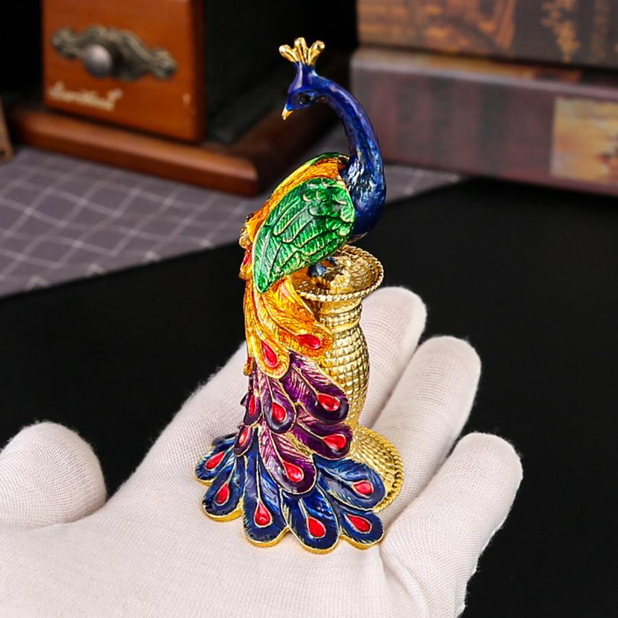 Metal Handicrafts Peacock Jewelry Box Creative Home Ornament Enamel Painted Diamond Peacock Open Screen Living Room Ornament