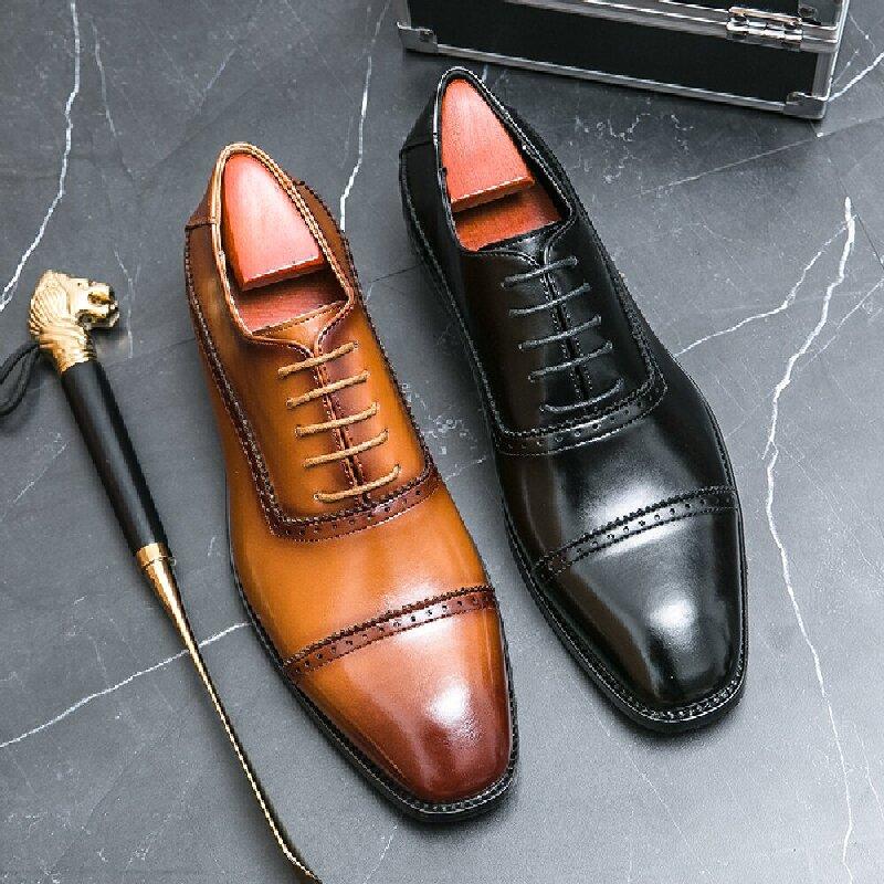 Fashion Retro Men Formal Shoes Black Brown PU Lace Up Business Office Leather Shoes Men Gentlemen's Wedding Banquet Shoes Sizes 38-46