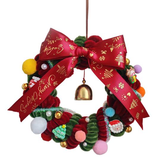 Yousheng 1 Set Christmas Wreath Kit with Red Green Pipe Cleaner Bell Santa Reindeer Charm Ribbon DIY Handmade Xmas Tree Holiday Party Hanging Wreath