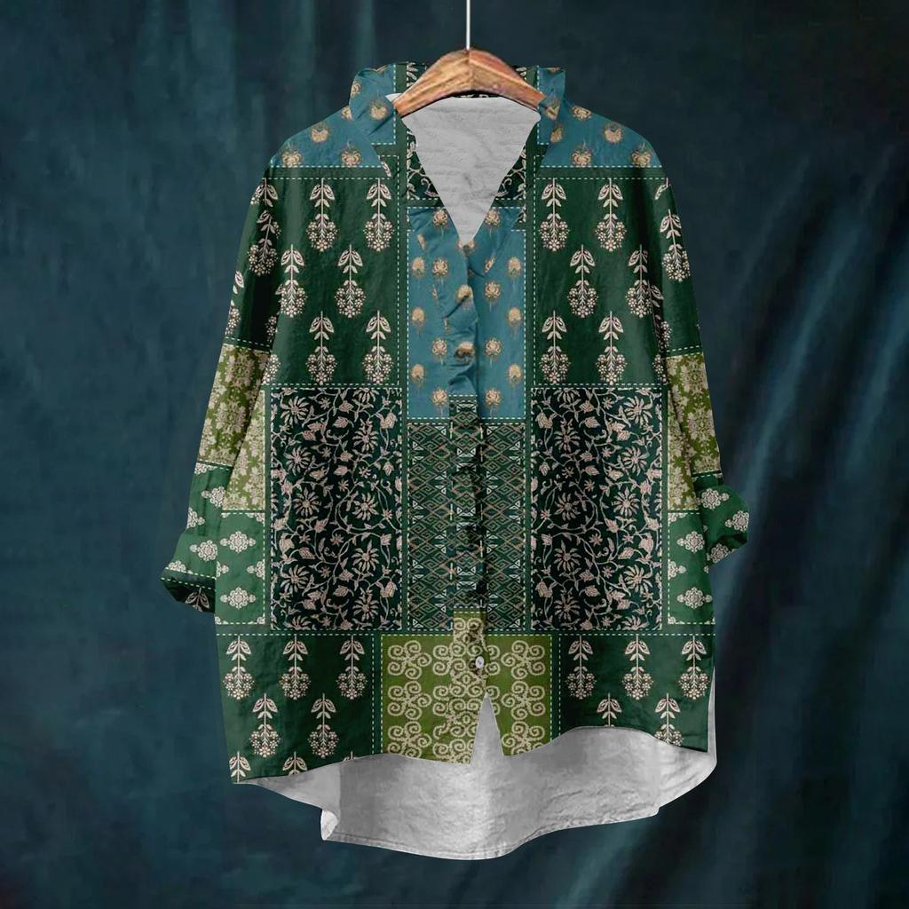 Dame Løs Volangert Blomstert Trykk Ståkrage Langermet Bomull og Lin Topp