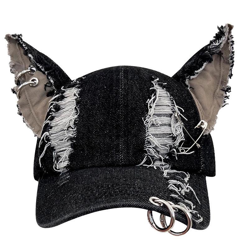 Y2k Postapocalyptic Style Denim Distressed Cap With Sun Protection For Streetwear Enthusiasts