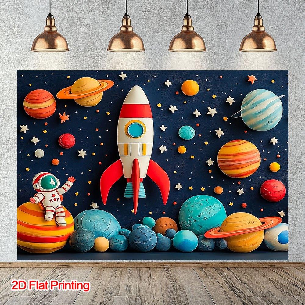 2D flat banner - featuring astronaut rocket and planet background patterns made of polyester fabric
