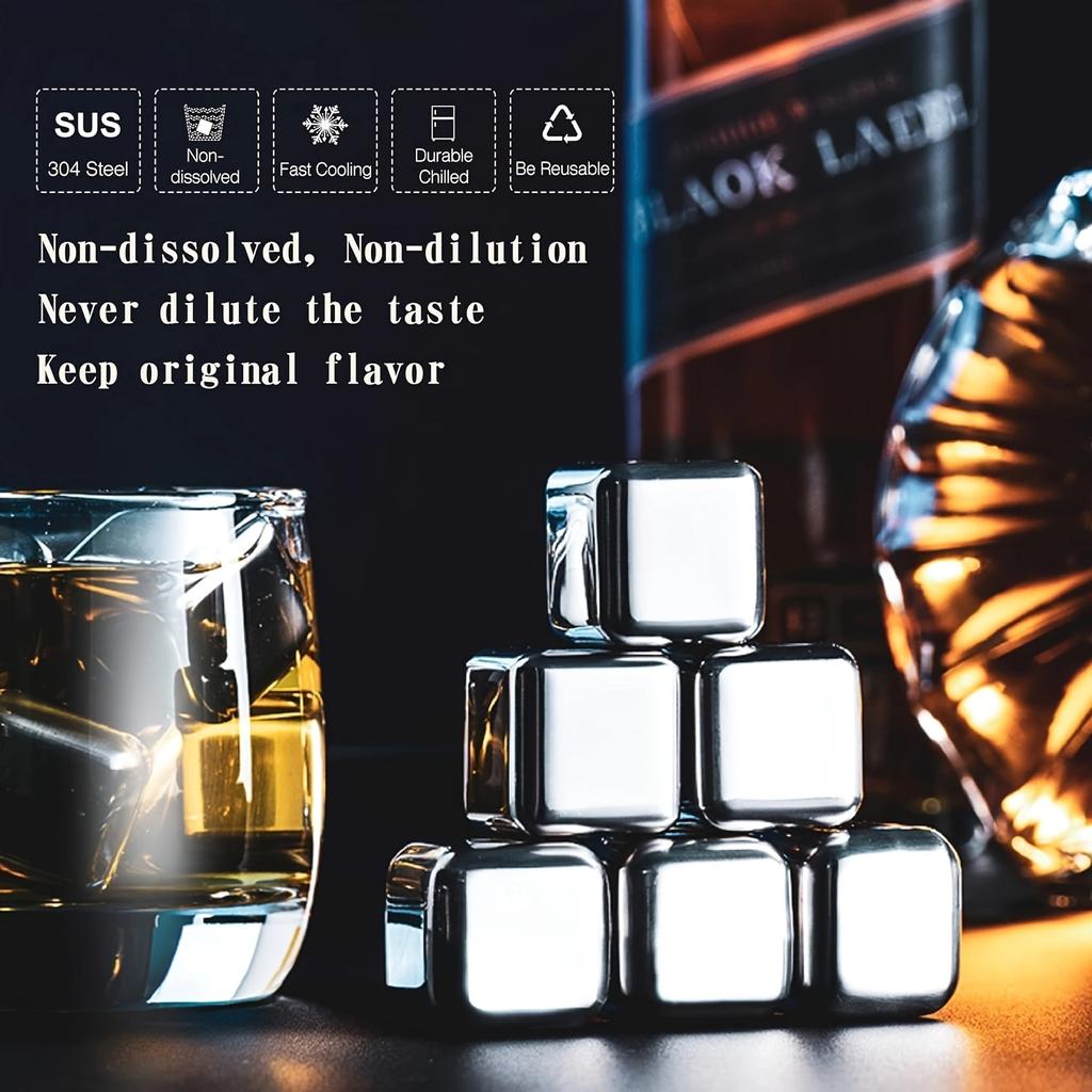 6pcs/set Stainless Steel Reusable Ice Cubes Chilling Stones with Tongs Whiskey Stones Drink Coolers for Wine JT999