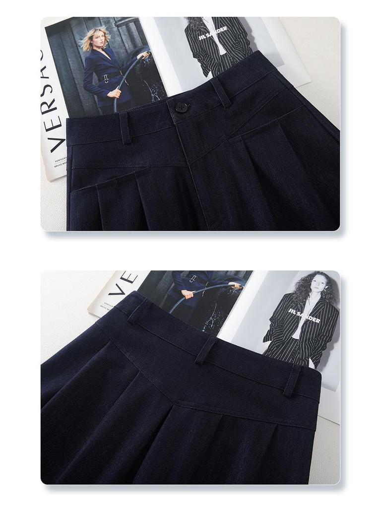 Women's High-Waist Dark Blue Denim Pleated Midi Skirt, 2025 New A-Line Slimming Design