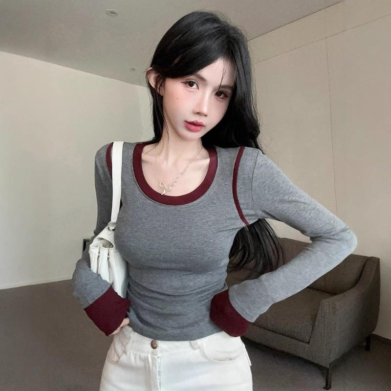 Ins Sexy Spice Crew Neck Matching Color Long-sleeved T-shirt Autumn New All-fit Slimming Pullover Base Shirt Top