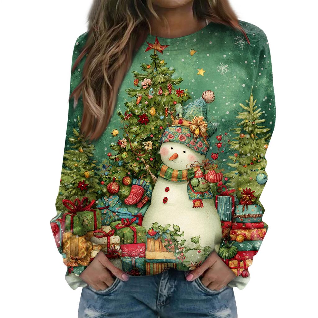 Women's Fashion Casual Long Sleeve Christmas Printed Neck Sweatshirt Top