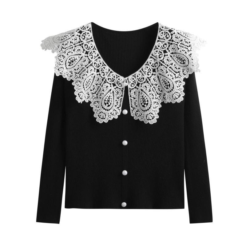 

Женский кружевной пуловер с длинными рукавами в стиле пэчворк, темпераментный свитер, осенне-зимний трикотаж, элегантные женские трикотажные топы L чёрный