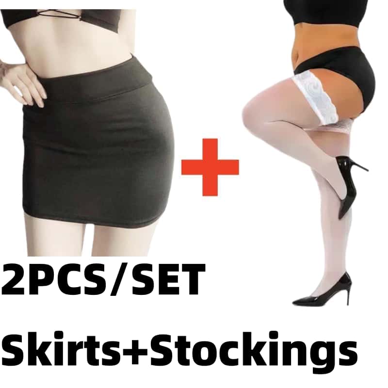 2PCS/SET Women High Waist Pencil Mini Skirts+Stockings Dress Set,Sexy Casual Wrap Hips Black Short Skirt and Pantyhose