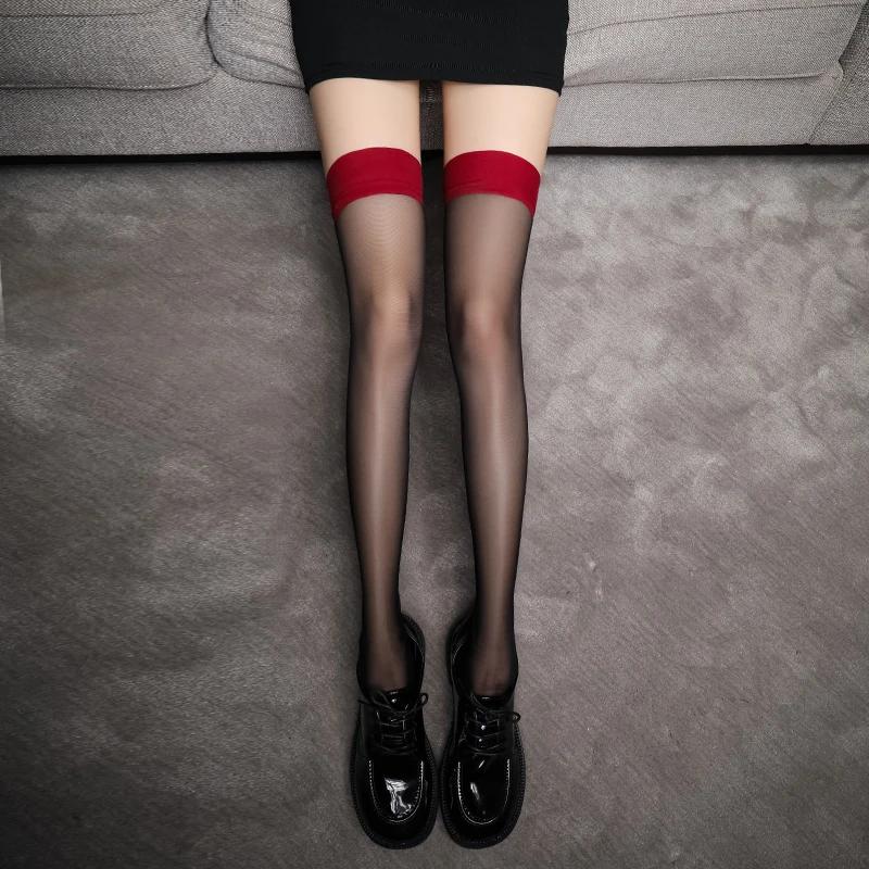 Sexy Red Edge Stitching Lolita Knee High Socks Lace Bow Long Socks Anti-slip Thigh Stockings Thin Silk Solid Tube Knee Socks