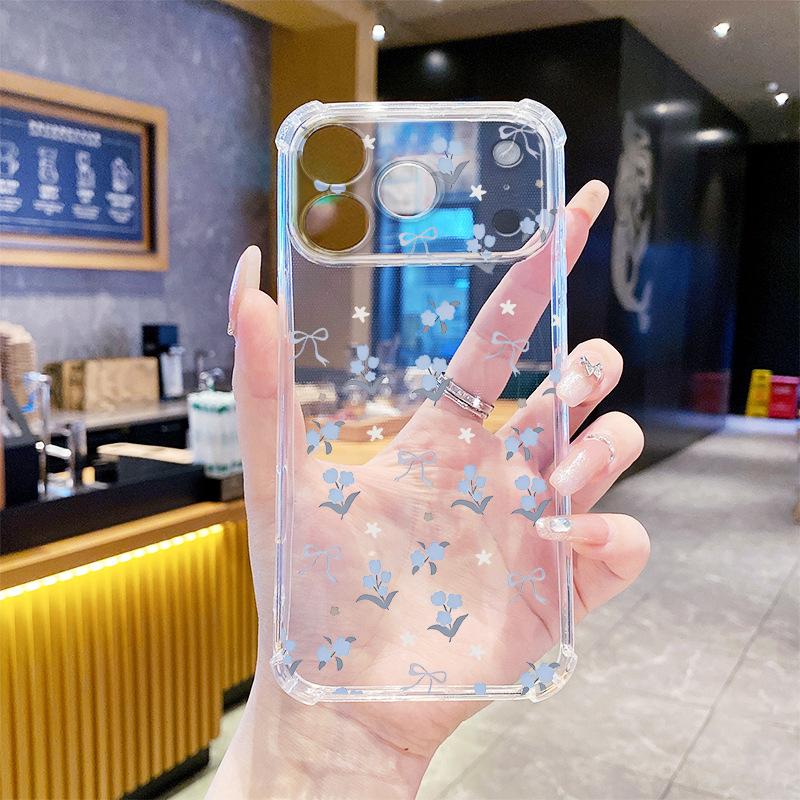 Mori Light Blue Floral Transparent Four Corners Anti-drop Apple 12/13promax Summer Mobile Phone Case Girls High Value