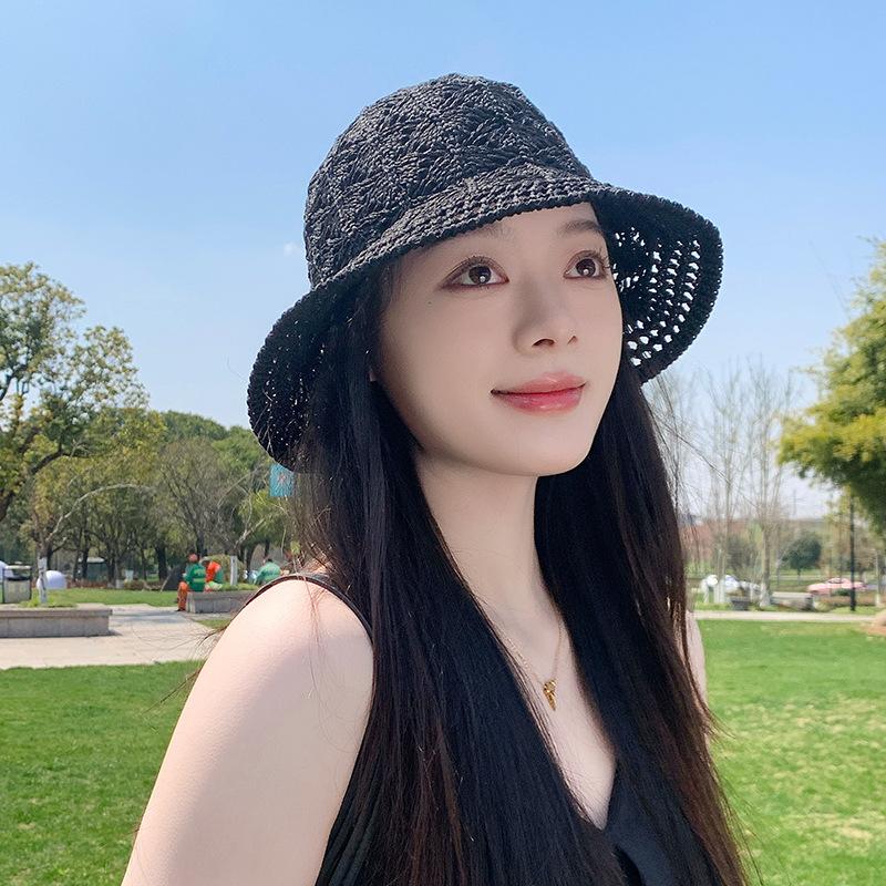 

Solid color hollow knitted bucket hat women s summer breathable wide brim shading straw hat shopping outing outdoor bucket hat
