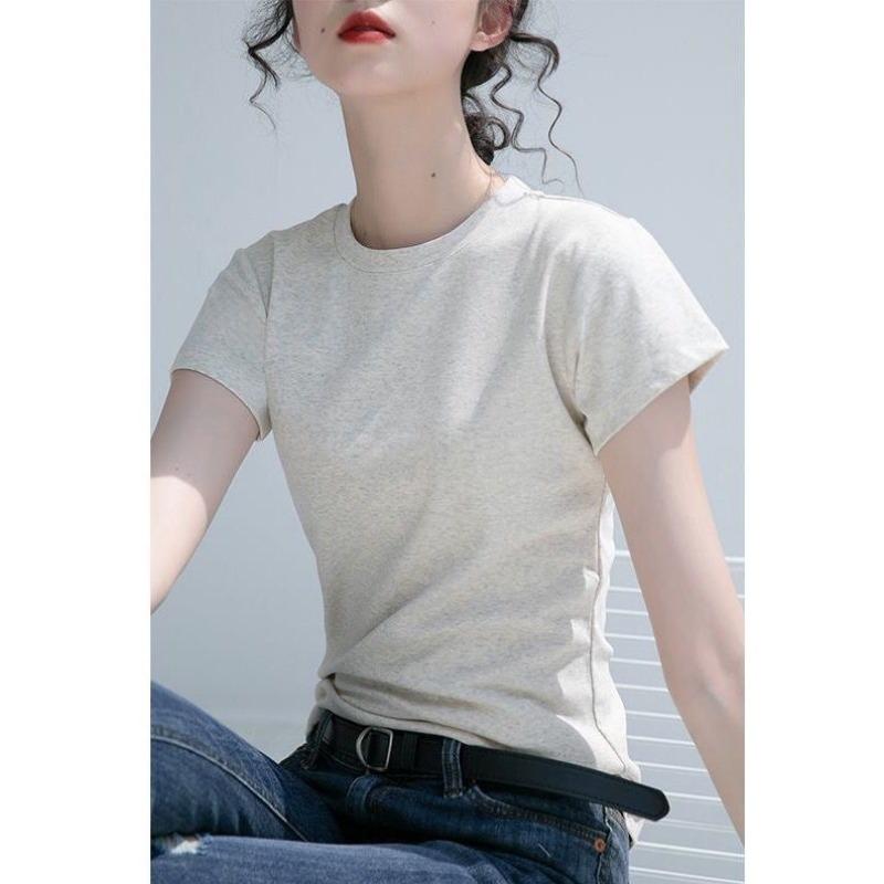 Women's Solid Color Short Sleeve T-Shirt Basic Crew Neck Casual Slim Fit Tee for Daily Wear