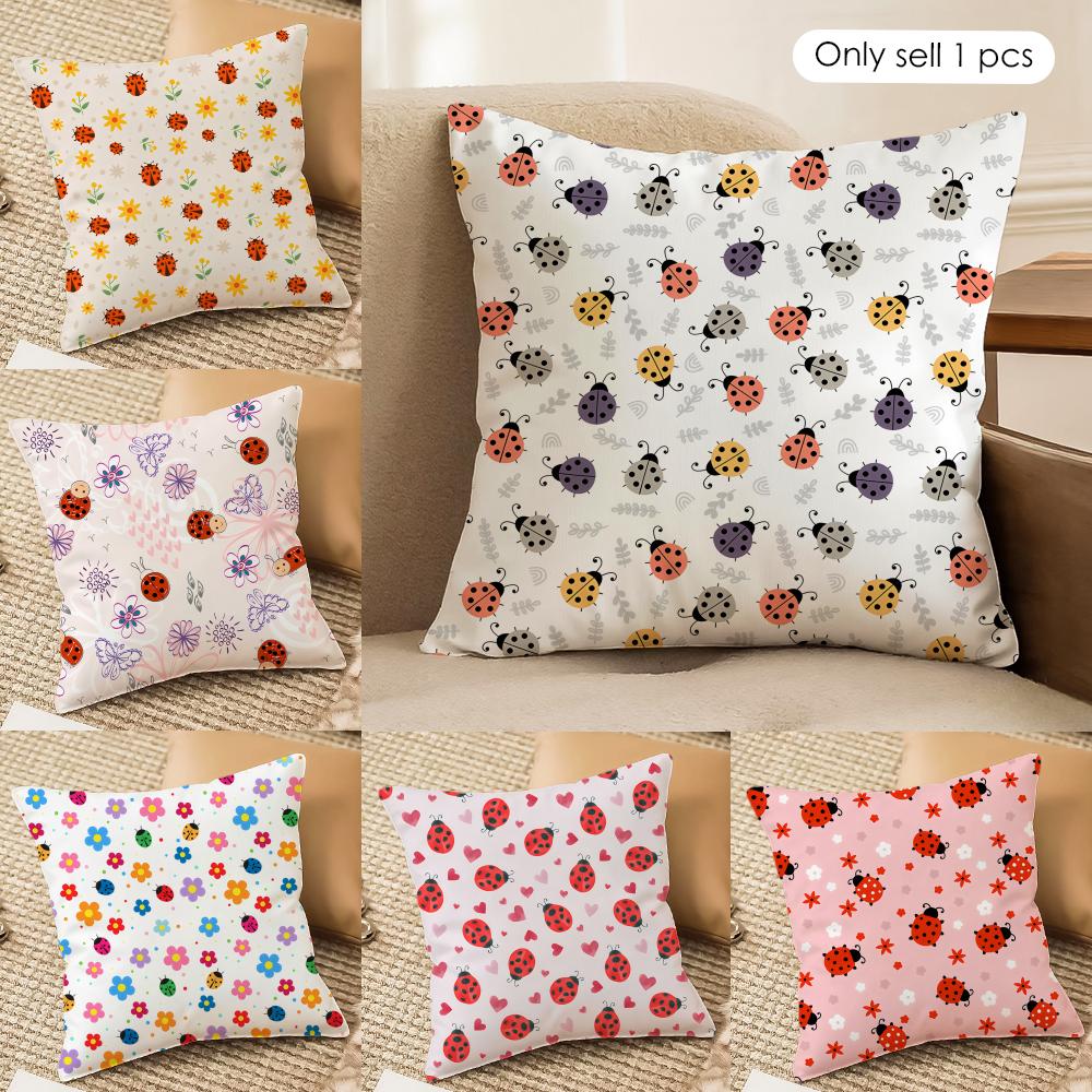Cute Ladybug Wildflower Pattern Cushion Cover Silky Short Plush Invisible Zipper Dustproof Sofa Pillow Case for Home Decor