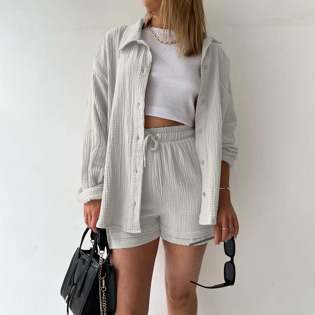 Women's 3-Piece Casual Lounge Set - Button-Down Shirt, Tank Top, and Drawstring Shorts - Soft and Breathable Fabric