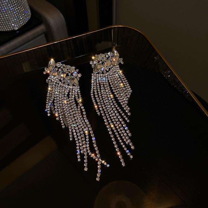2025 Light Luxury Silver Needle Diamond Flower Tassel Earrings - Elegant European & American Style for Women