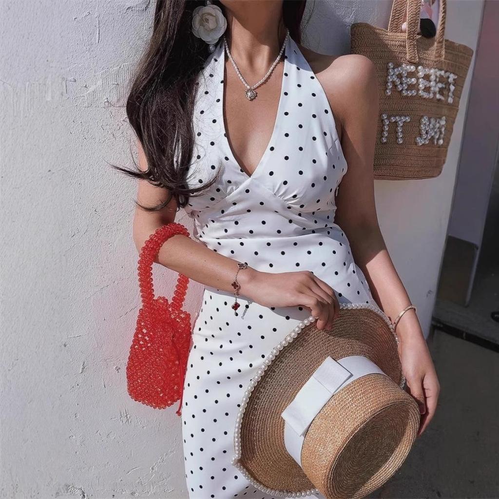 Robe Halter Blanche à Pois pour Femmes - Style Français Sans Manches Col V A-Line Jupe Courte