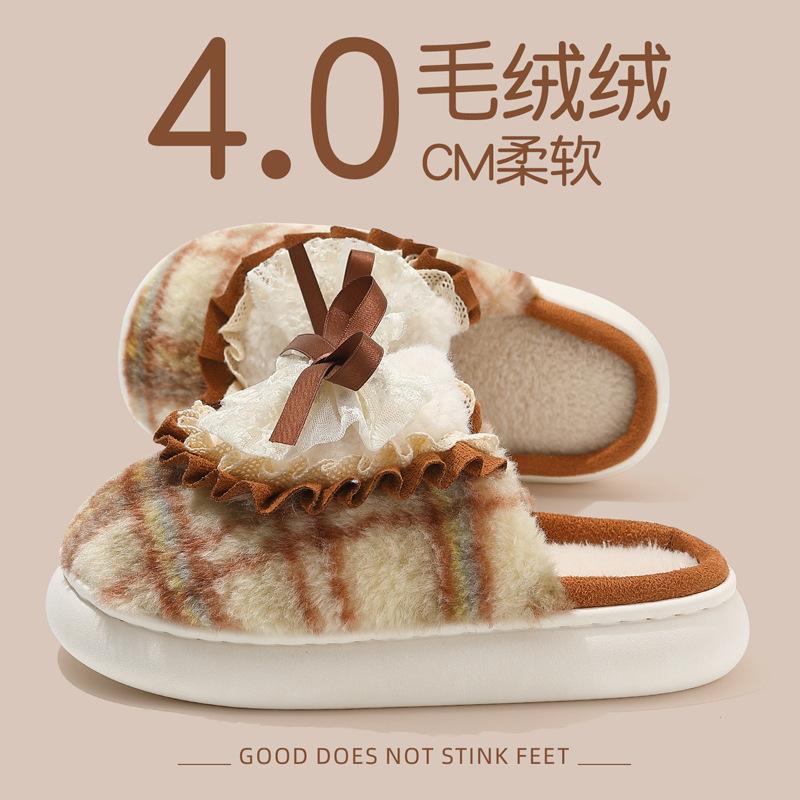 Bow Cotton Slippers Winter Indoor Home Household Plush Warm Cute Thick-bottomed Fluffy Slippers Winter