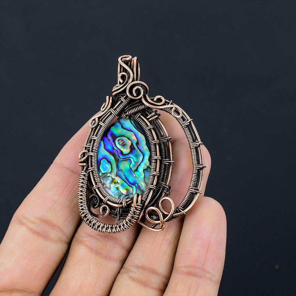 Abalone Shell 999 Copper Wire Wrapped Pendant, Handmade Gemstone Pendant Jewelry, Gifts For Wife Brand New Pendant