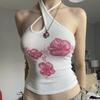 Asymmetrical Halter Crop Top y2k Floral Print Sleeveless White Tank Tops Women Basic Tees Vintage Sexy Camisole Harajuku