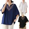 Women T-shirt Deep V Neckline Embroidery Floral Pattern Pullover Tops Pure Color Loose Fit
