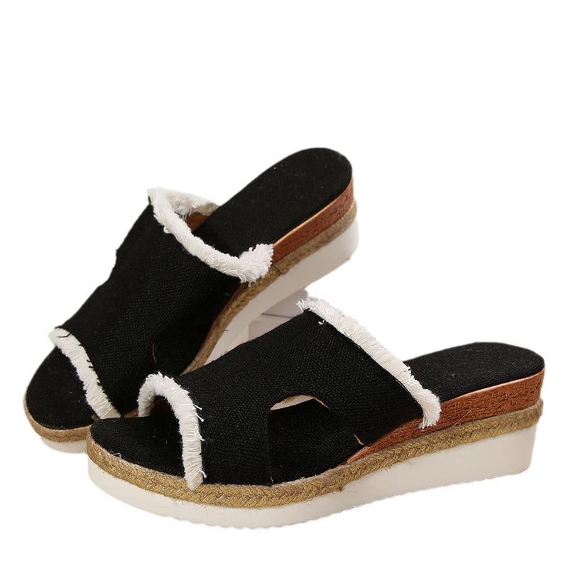 Duży rozmiar konopne sznurkowe klapki na koturnie damskie wiosna lato nowe płócienne codzienne i lekkie do noszenia na zewnątrz płaskie dno fajne klapki