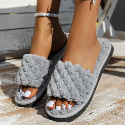 Home Slippers, Comfortable and Warm Open Toed Soft Plush Shoes, Solid Color Indoor Floor Slippers