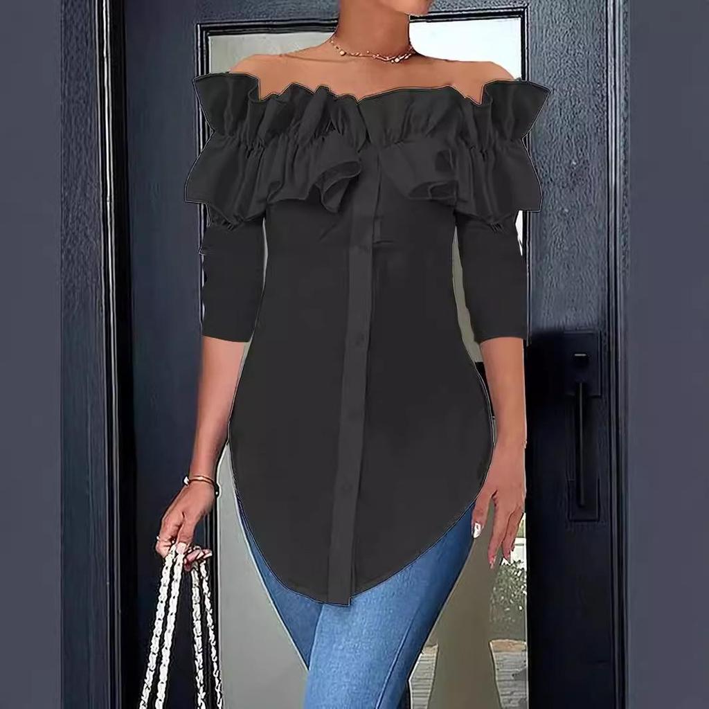 Camicette e camicie monospalla a maniche lunghe con stampa tinta unita, casual, primavera-autunno, da donna