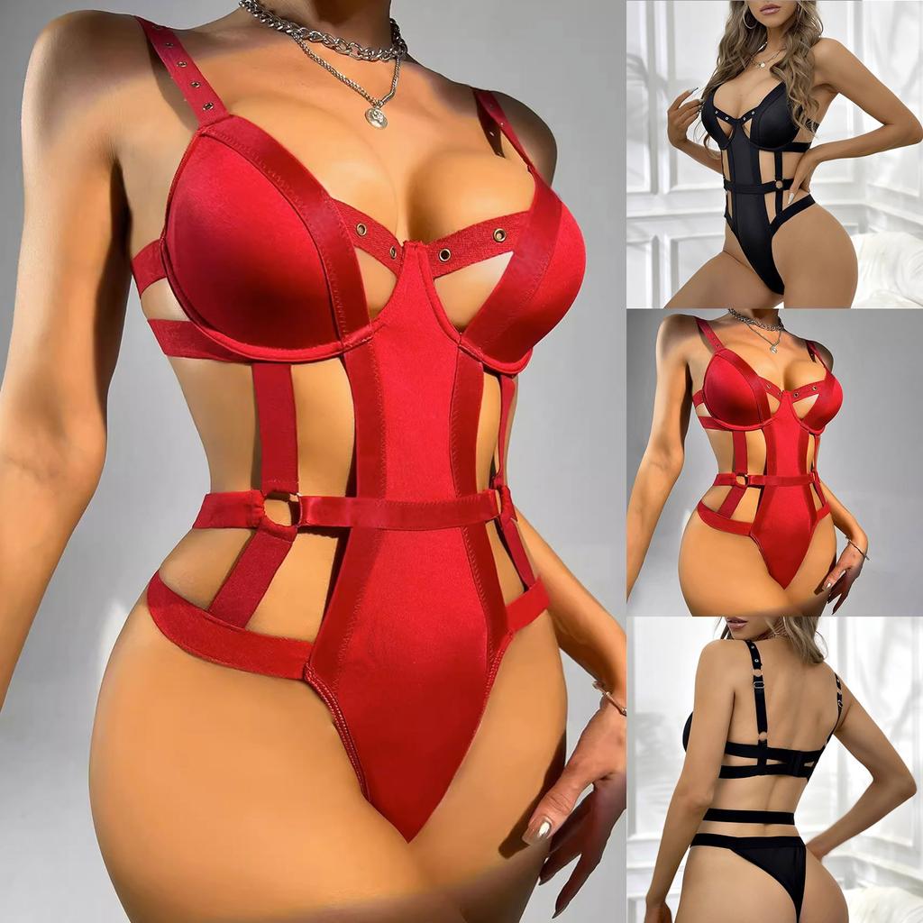 Sexy Large Strap Hollowed Out Suspender One-piece Fun Lingerie Set