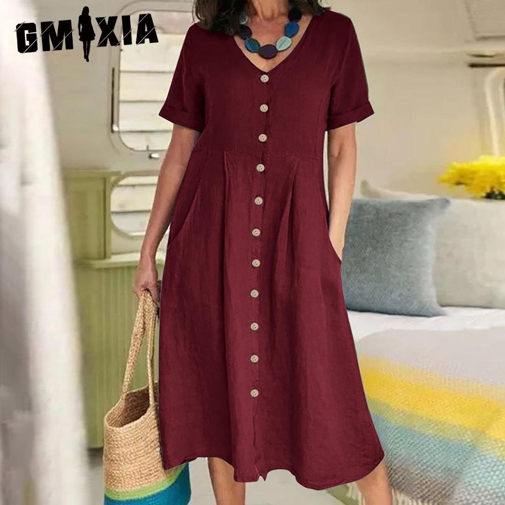 GMXIA Dame Sommer Casual Bomull V-hals Kort Erm Knappekjole