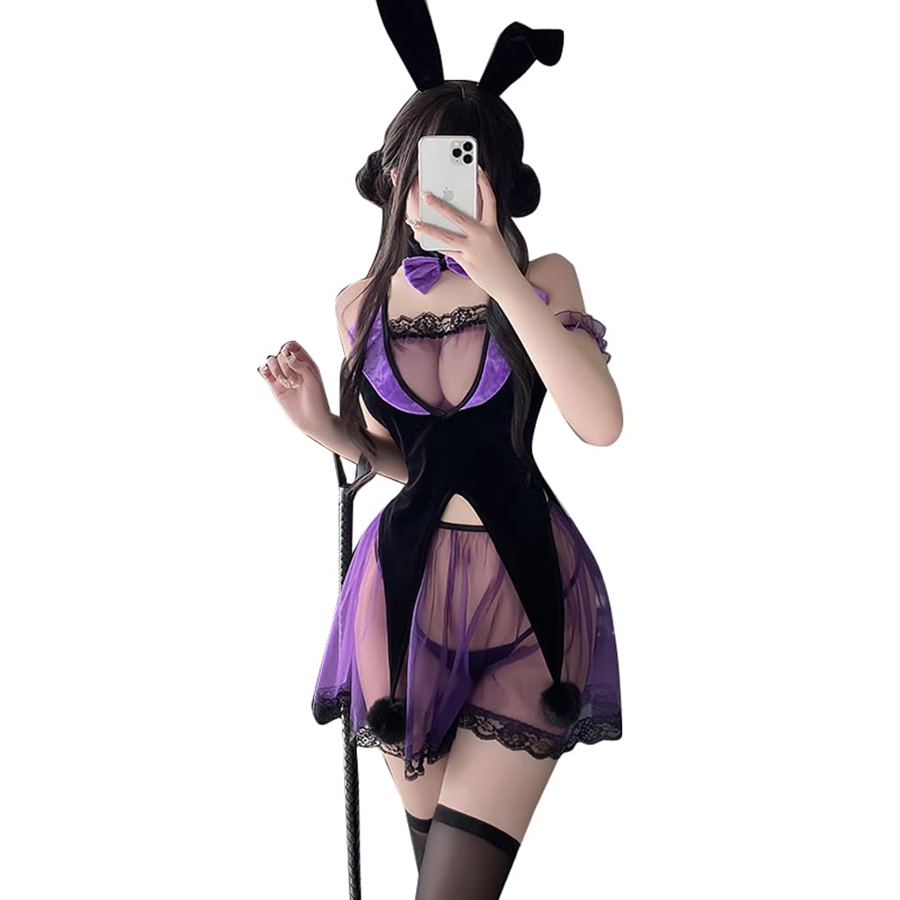 Cosplay Sexy Naughty Bunny Girl Purple Black Lace Magic Bunny Cosplay Magical Girl Rabbit Ear Headband Temptation Women Adult Fancy Dress Lingerie