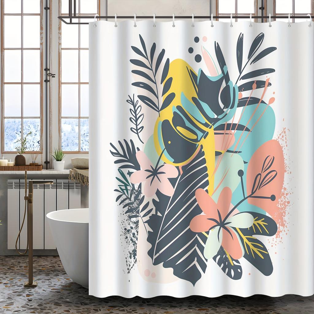1pc Modern Minimalist Art Floral Printed Shower Curtain, Polyester Fabric with 12 Hooks, Bathroom Accessory