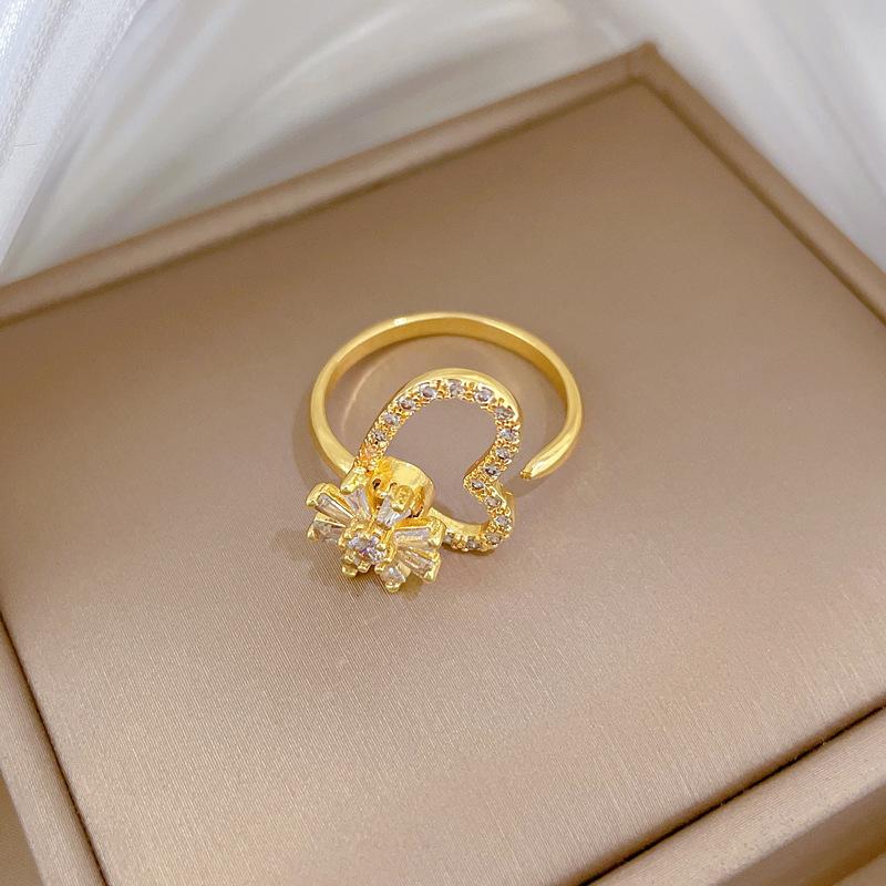 Real Gold Rotating Flower Zircon Personalized Opening Adjustable Light Luxury Jewelry Japanese Ring Couple Ring
