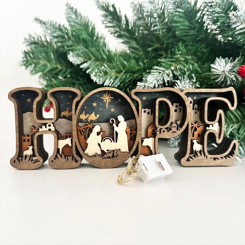 Handcrafted HOPE Letter Wooden Table Sign with Nativity Scene Carved Ornament Home Decors Safe Nontoxic Decoration