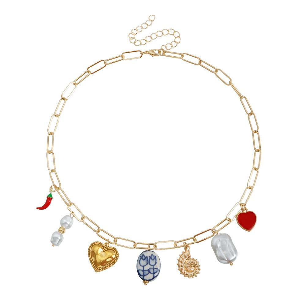 Retro Temperament Baroque Pearl Chili Heart Sun Enamel Pendant Choker Multi‑Charm Paperclip Link Necklace for Women Jewelry Gift