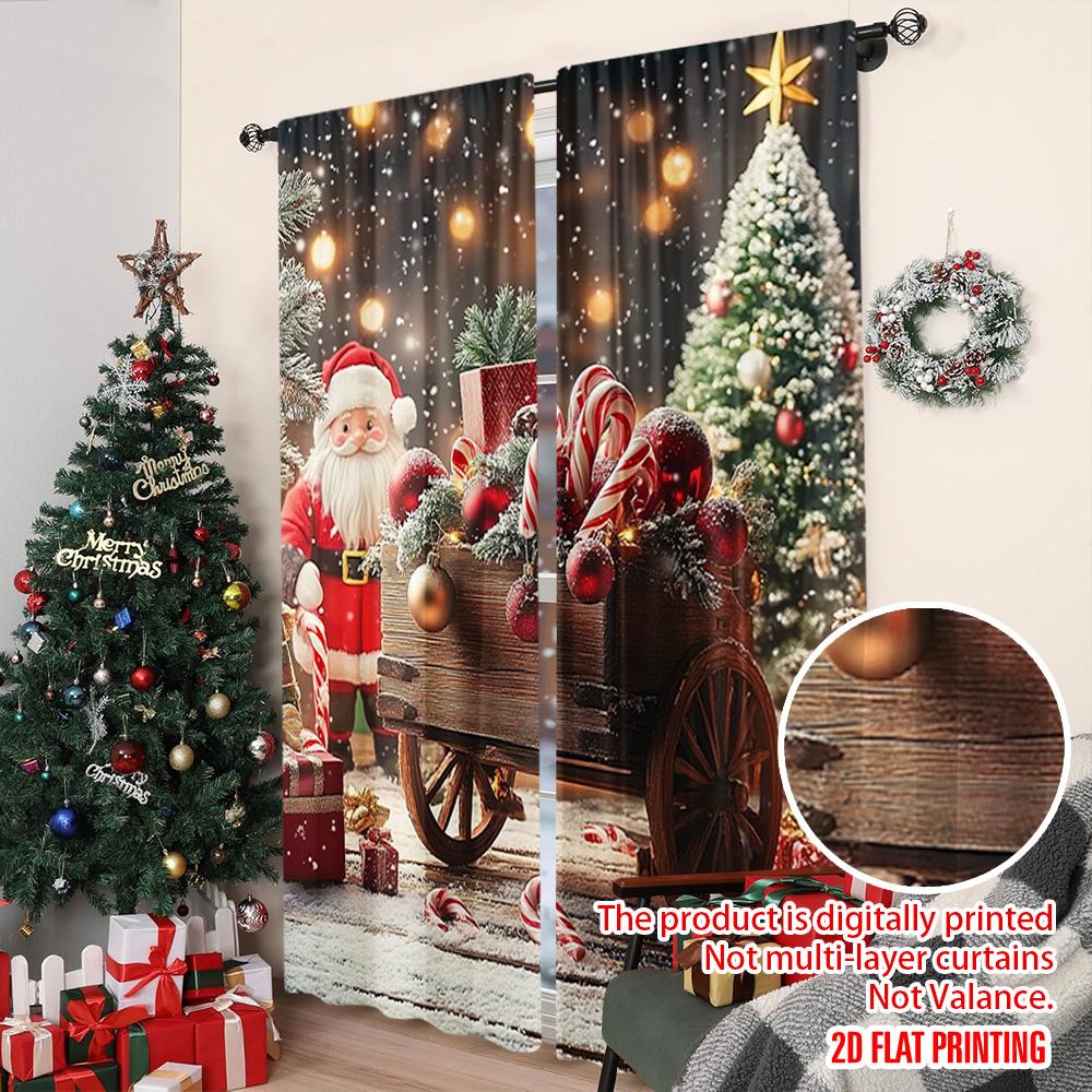 Set Of 2 Flat Printing Christmas Window Drapes Red Gift Wagon Versatile Polyester Without Electricity Curtains Made