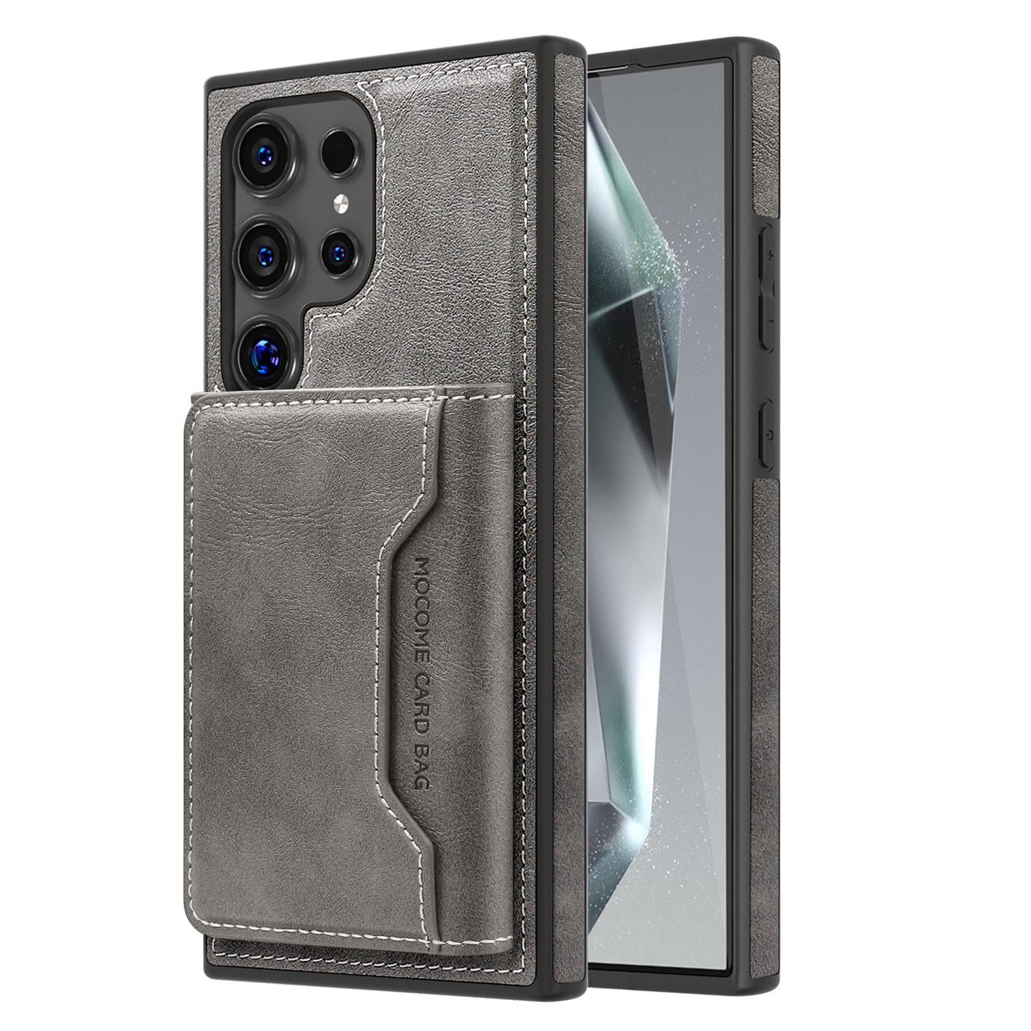 

Подходит для чехла для телефона Samsung S24Ultra, Магнитный держатель для карт, Подставка, Кожаный чехол, Вставка для карт, Защитный чехол 2-в-1 S23, S22 Samsung S22 серый