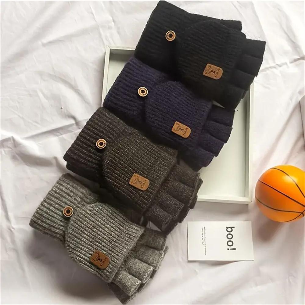 Men Women Winter Gloves Half Finger Open Flip Design Flap Warm Gloves Knitted Thickened Windproof Hand Cover Gifts for Outdoor