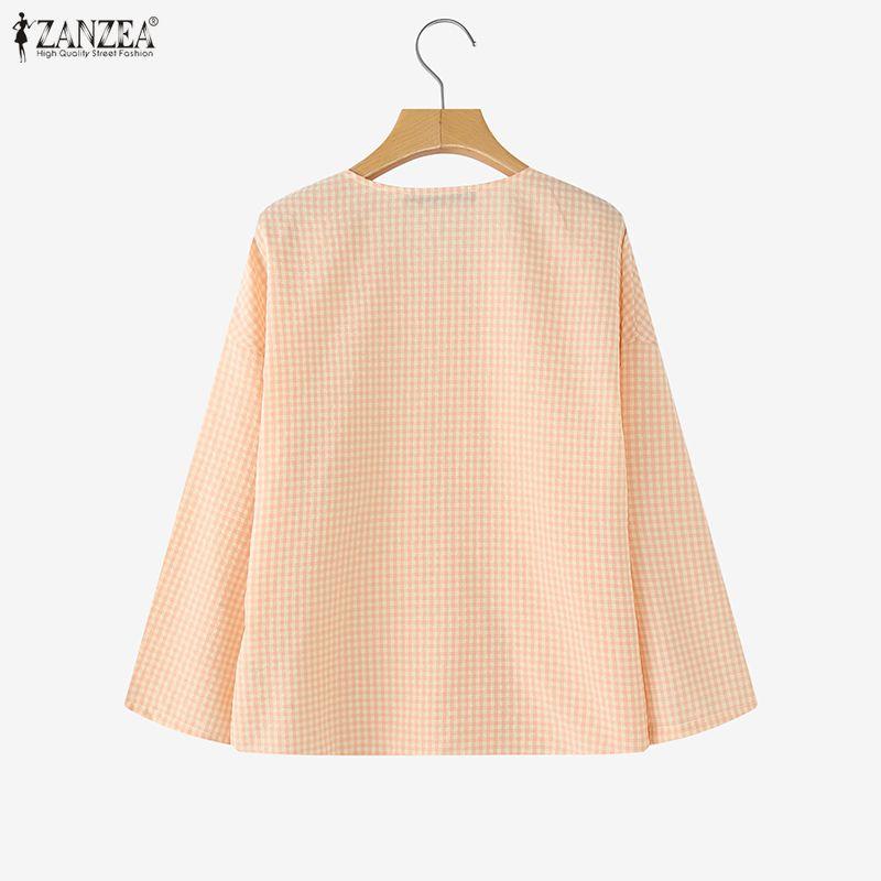 ZANZEA Women Casual Round Neck Long Sleeve Plaid Print Blouse