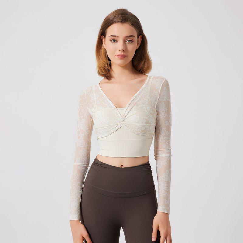 

2025 Lace Fake Two-Piece Sports T-shirt Women s Long Sleeve with Chest Pad Yoga Clothes Mesh Tops Quick-Drying Slimming High Elastic Milk apricot XL