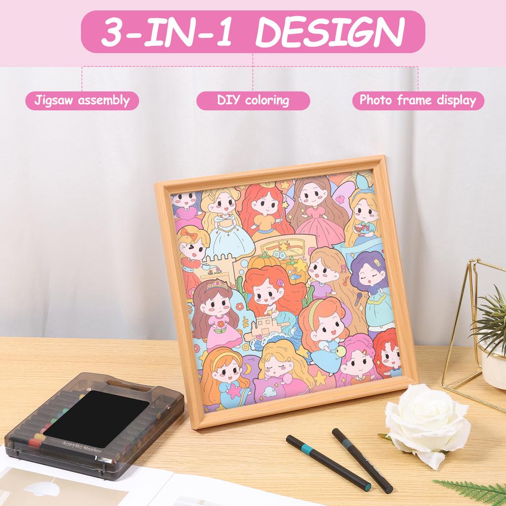 Creative Coloring Puzzle Princess/Cat Puzzle Wooden Princess Puzzle Frame DIY Set with 24 Color Marker Pens for Home Decoration