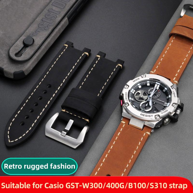 For Casio G-SHOCK series men's watchband Steel Heart GST-B100/S110/S310/W300/410/400g Vintage cowhide watch strap accessories