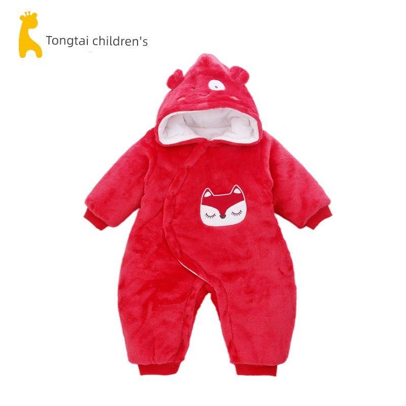 Tongtai Unisex Baby Winter Thickened Cotton Outwear Romper, Thick Cotton One-Piece Crawling Suit, Fleece-Lined Jumpsuit Red 90