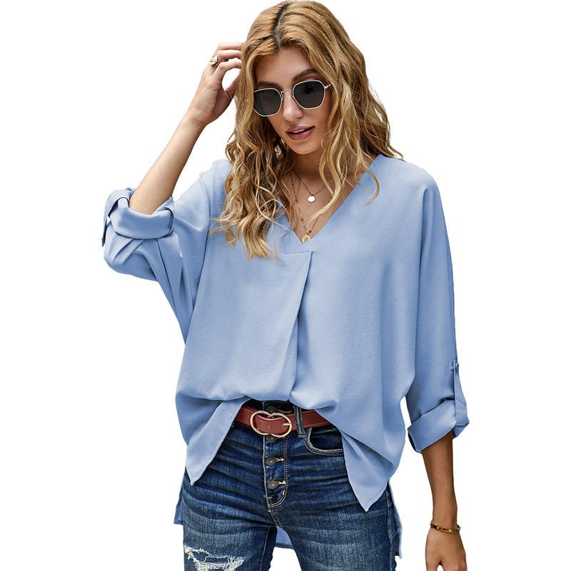 Women's V Neck Three Quarter Sleeve Blouse Loose Fit Office Solid Color High Low Hem Shirt Casual Work Top For Autumn Daily Wear